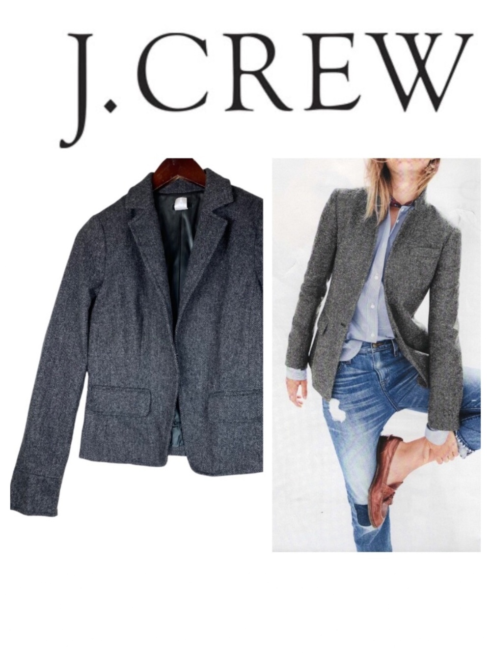 J Crew 4 Small Blazer Jacket Coat 100% Wool Herringbone Black Career CHIC